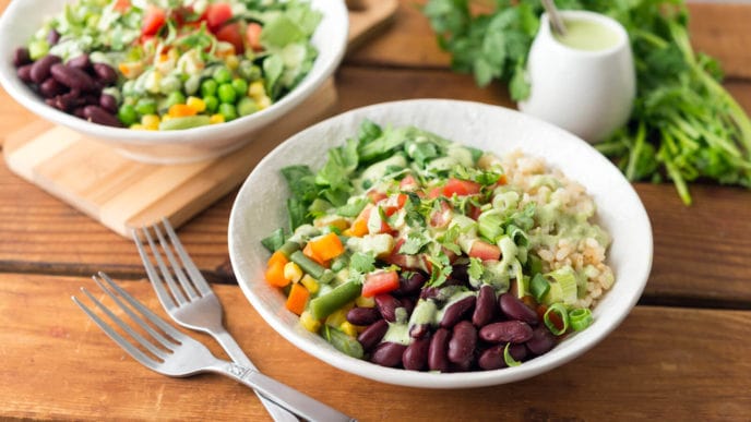 Rice Bowls With Kidney Beans Spinach And Mixed Veggies