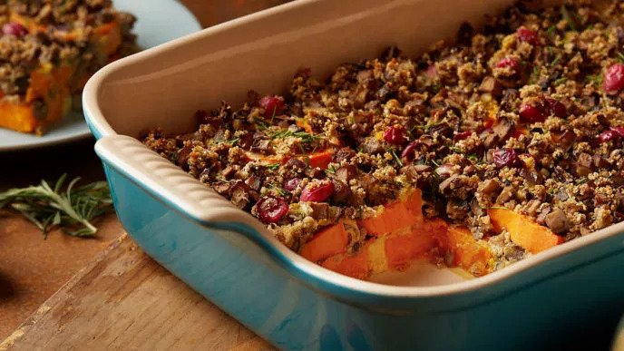 Sweet Potato Casserole with Herbed Mushroom Stuffing