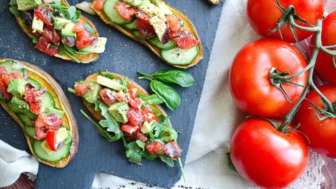 Sweet Potato Bruschetta with Avocado-Tomato Topping