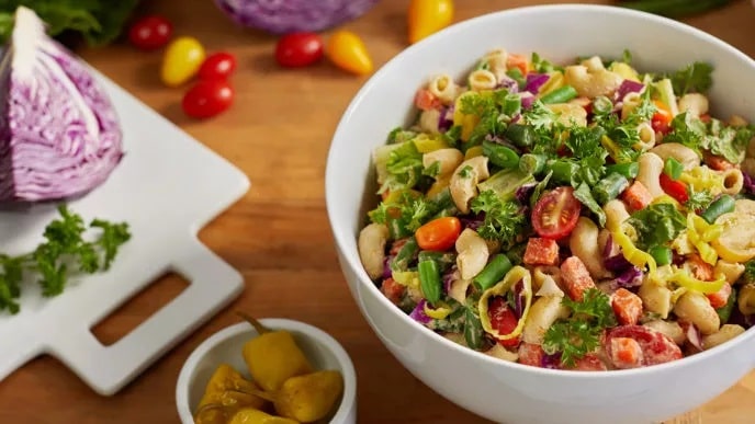Chopped Veggie Salad With Pasta And Creamy Cauliflower Dressing By Create that Body-min
