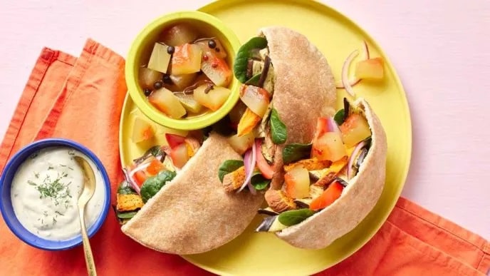 Roasted Eggplant Gyros with Watermelon Rind Pickles